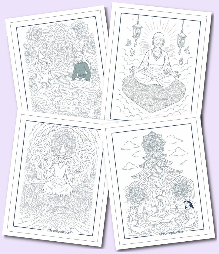 Mandala, Self-Care, Mindfulness, Spiritual, Aesthetic Themed Witch Coloring Pages.