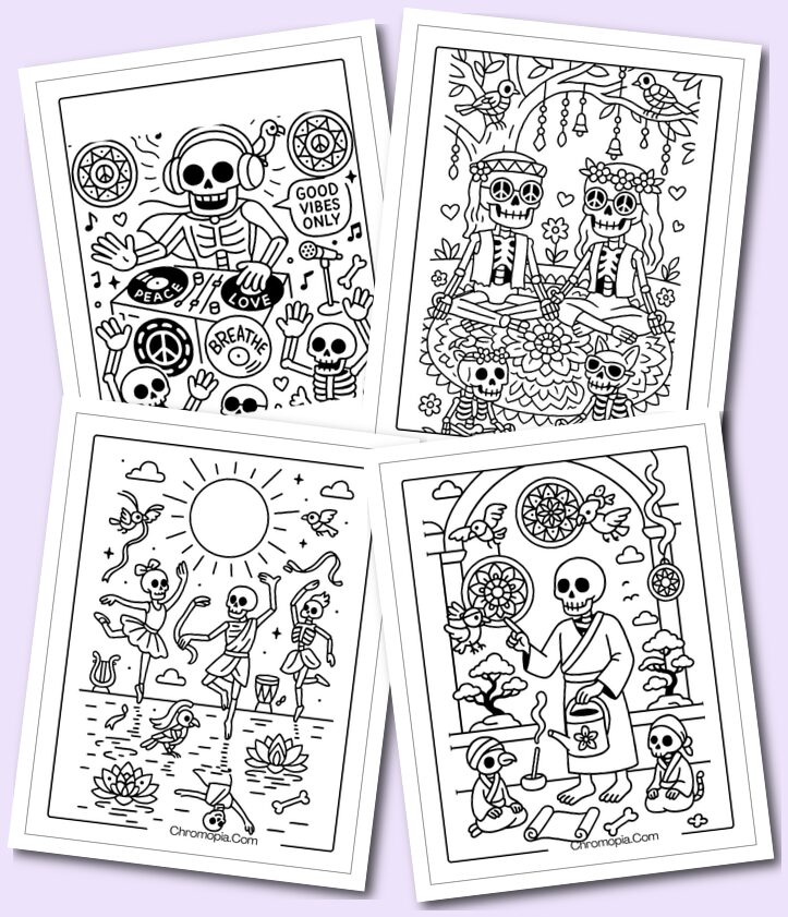 Mindfulness, Yoga, or Self-Care Skeleton Coloring Pages