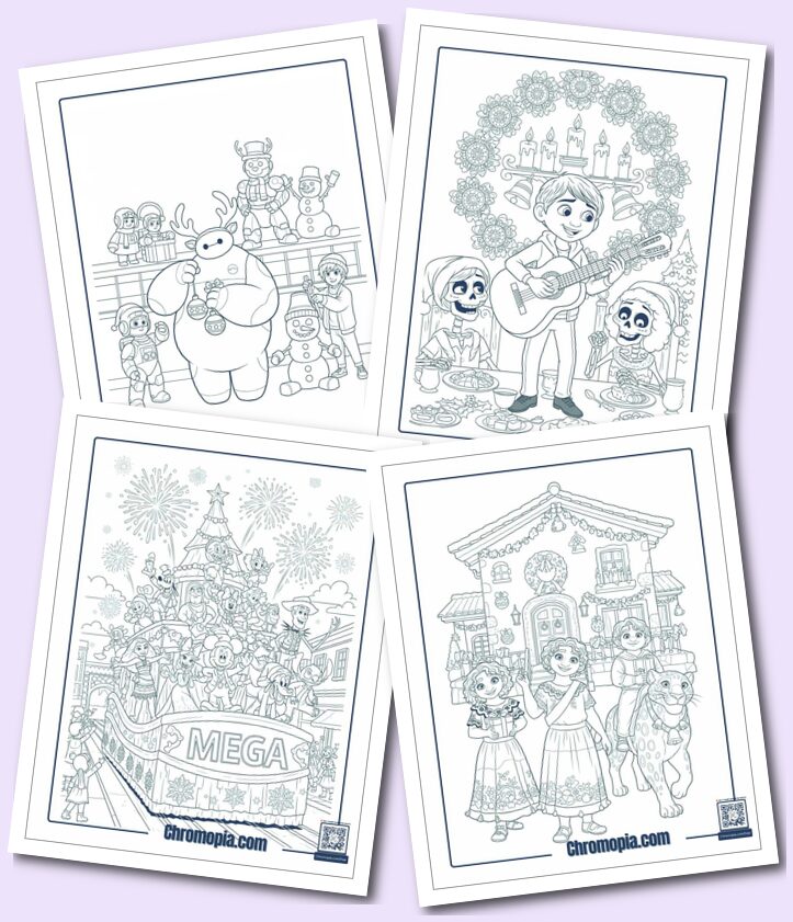 Modern Disney and Pixar Characters in Christmas Coloring Pages