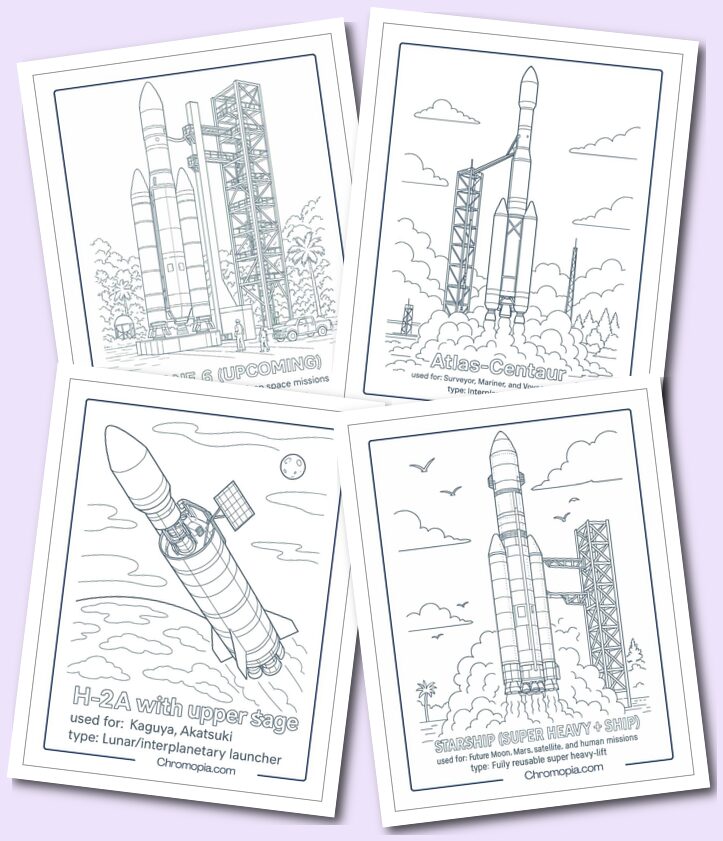 Moon & Interplanetary Mission Rockets Coloring Pages