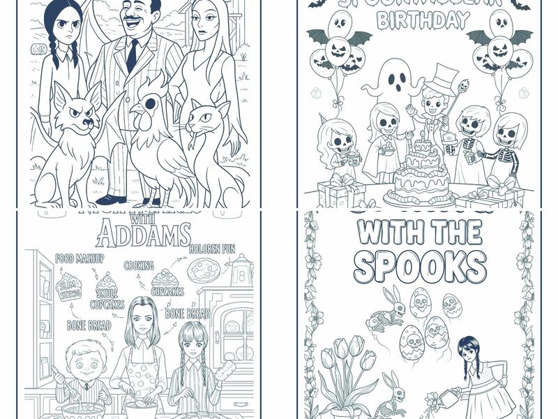 Multi-Conceptual Addams Family Coloring Pages for Kids, Teens, and Adults