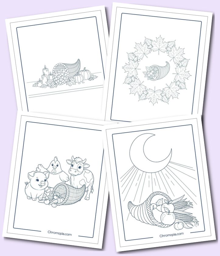 Multi Themed Cornucopia Coloring Pages for Kids, Teens, and Adults
