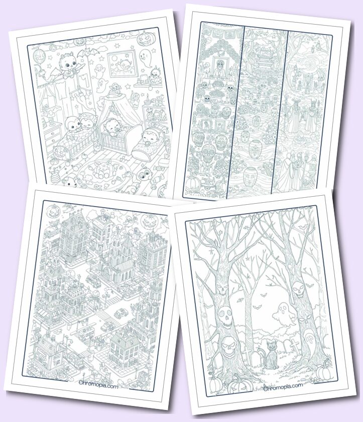 Multi themed creative Halloween around the world coloring pages