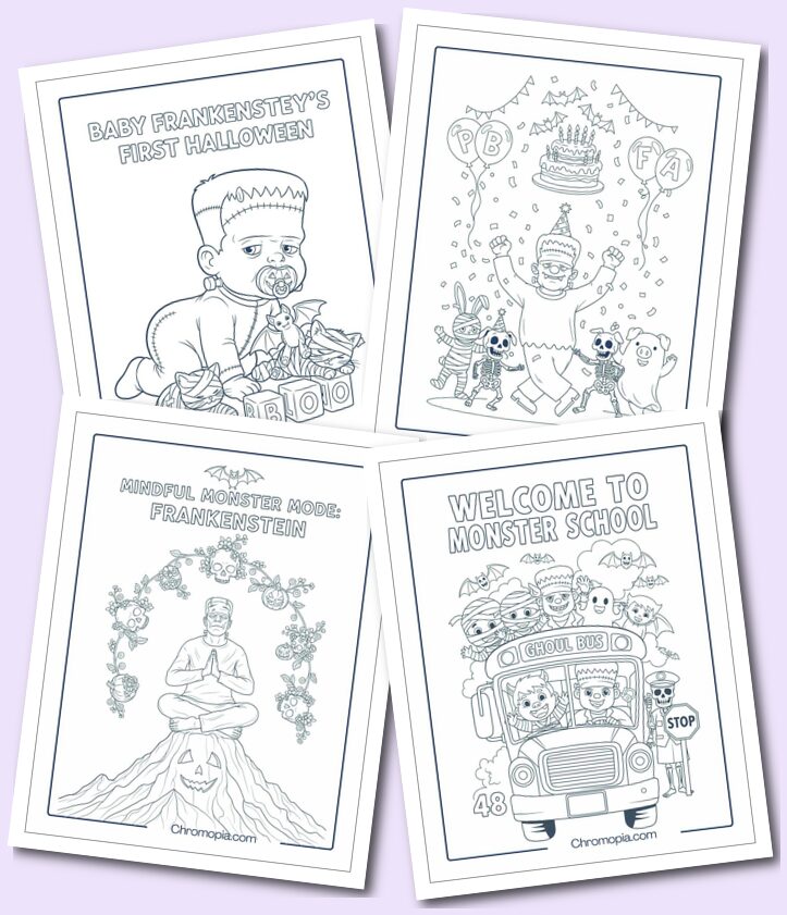 Multi-Themed Frankenstein Coloring Pages for Kids, Teens, and Adults