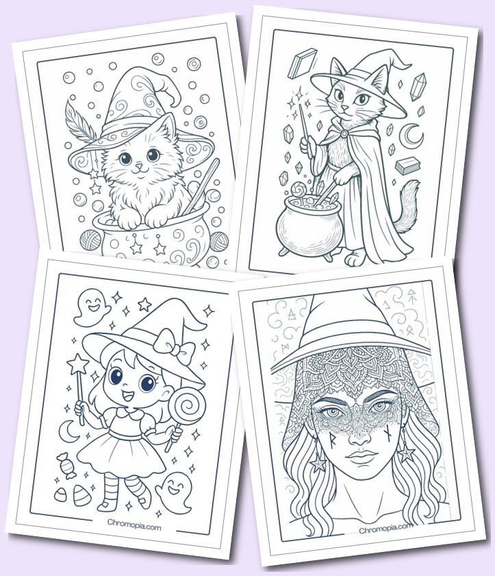 Multiple themed Witch Coloring pages for adults and kids
