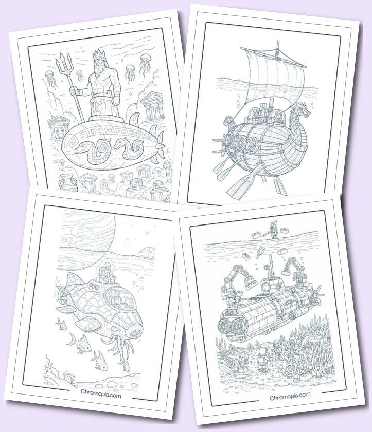 Navy, Fantasy, Steampunk, Robot & Sci-Fi Submarines coloring pages