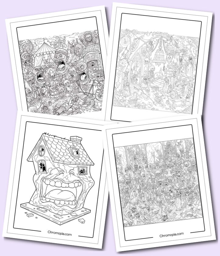 Paranormal horror, occult eerie and creepy coloring pages for halloween