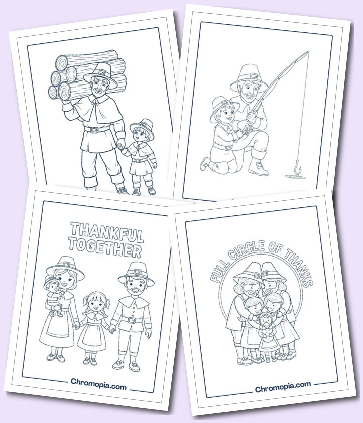 Pilgrim Families – Mom, Dad, Baby, and Siblings coloring pages for adults