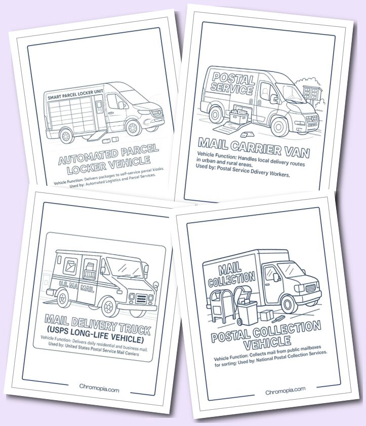 Postal & Parcel Delivery Vehicles – Transportation Vehicles Coloring Pages