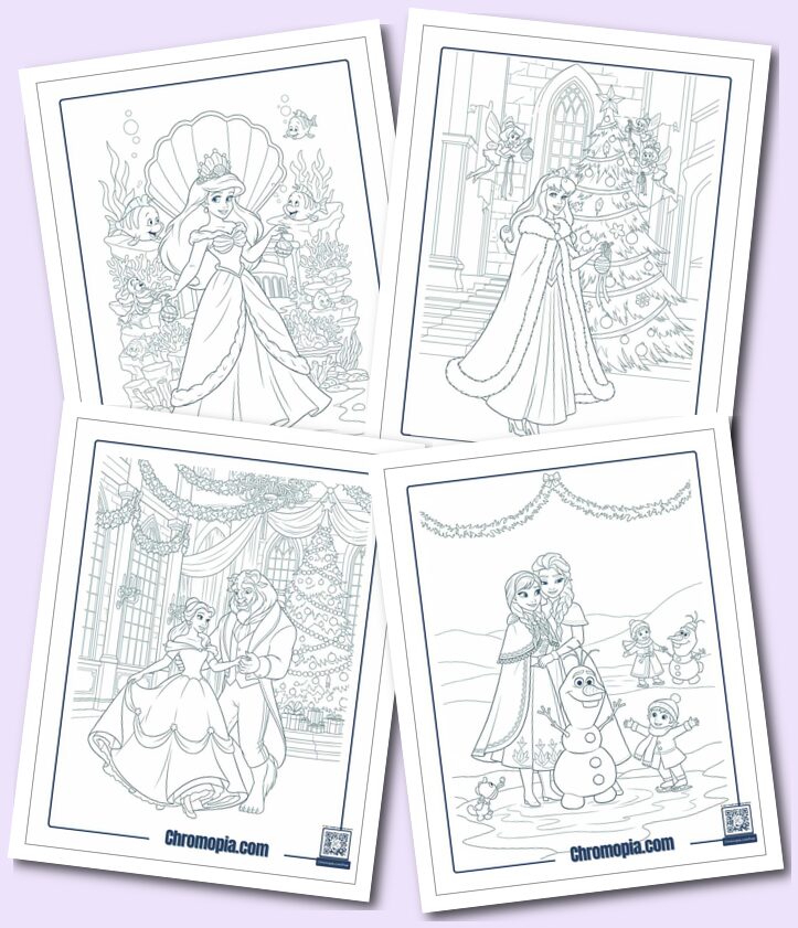 Princesses and Fairytales in Christmas Gowns Coloring Pages