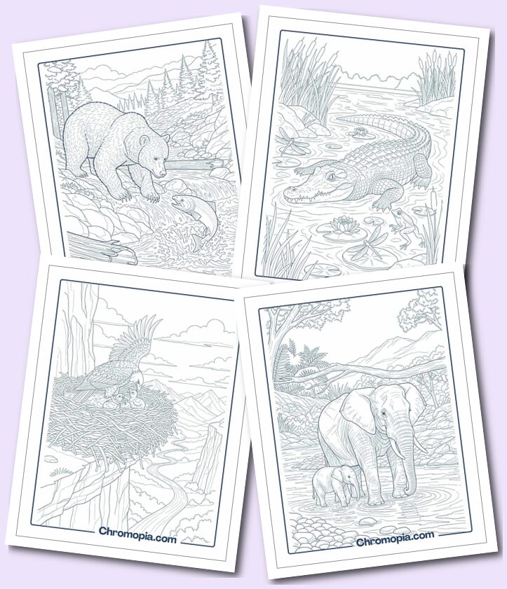 Realistic Animals in Detailed Natural Habitats coloring pages for adults