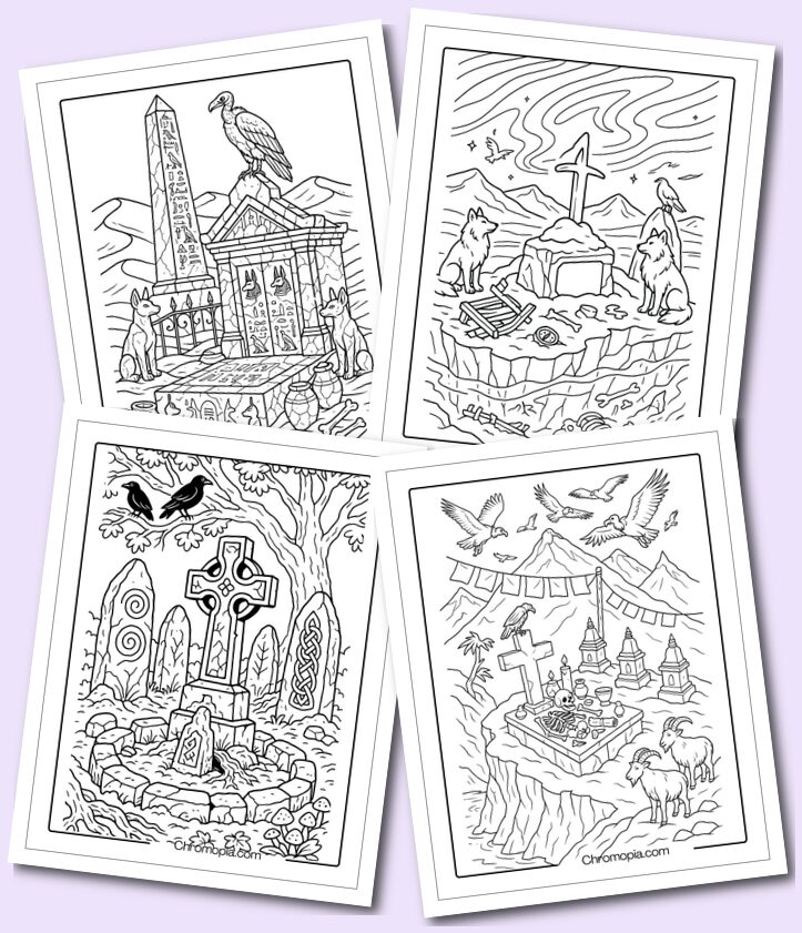 Realistic culturally or thematically distinct graveyard coloring pages
