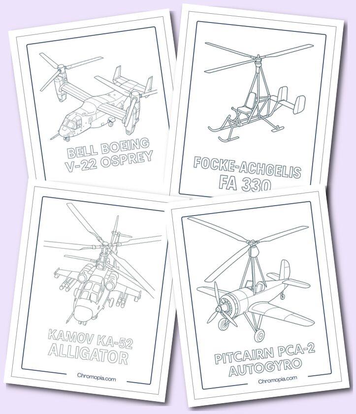 Rotorcraft, helicopters, autogyros aircraft coloring pages