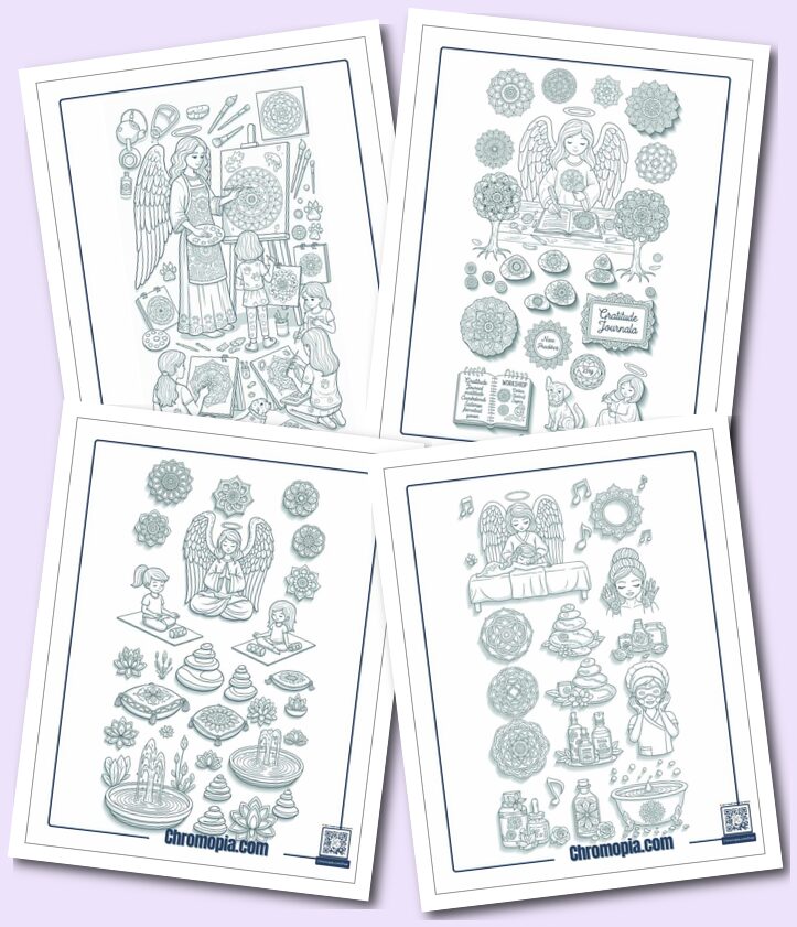 Self-Care, Mindful & Therapeutic Mandala Angel Coloring Pages