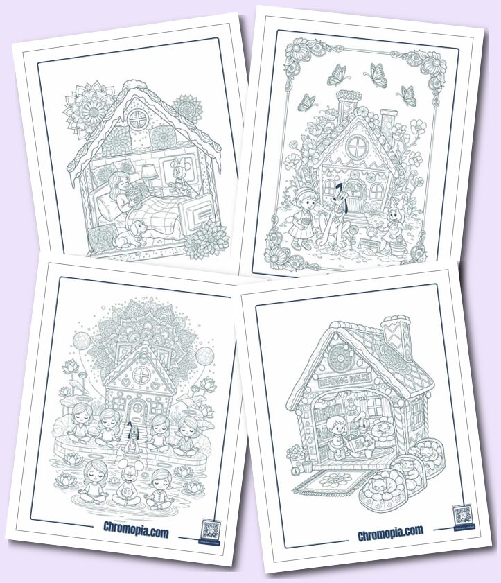 Self-Care, Mindful & Therapeutic Mandala Gingerbread House Coloring Pages
