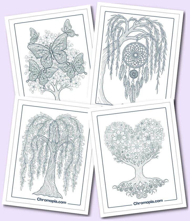 Self-Care & Mindful Tree Scenes coloring pages