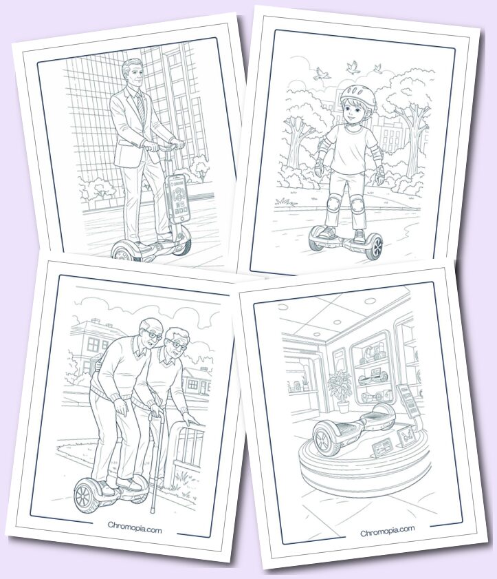 Simple ultra realistic different brands hoverboard coloring pages