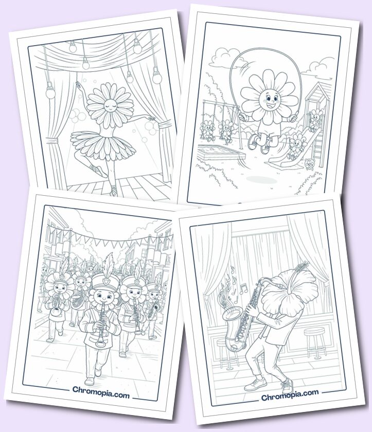 Sports, Dance & Music with Flowers coloring pages