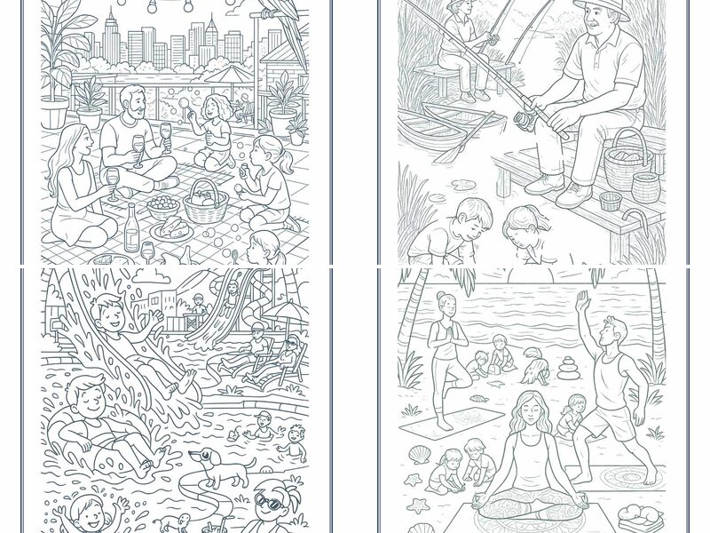 Summer Outdoor Activities Coloring Pages for Adults