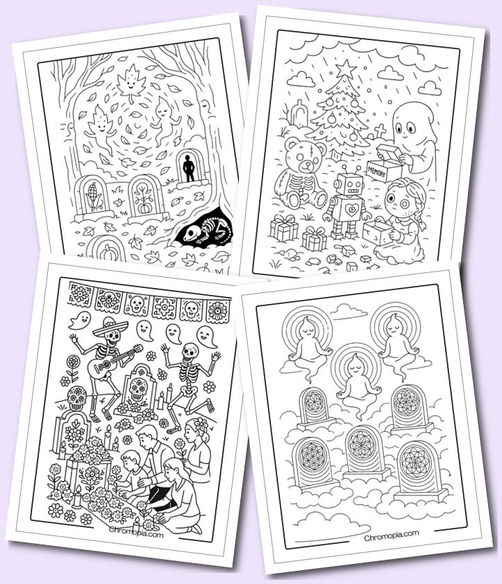 Surreal Dreamlike Graveyards, Seasonal Festival Graveyards coloring pages