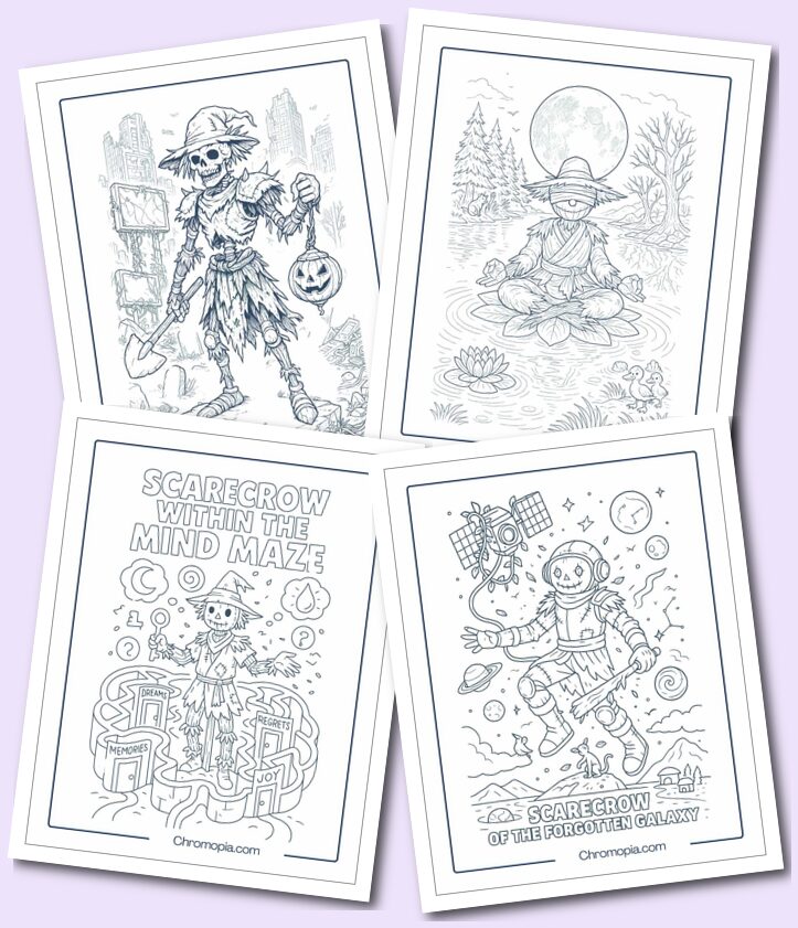 Surreal Scarecrow coloring pages for all ages