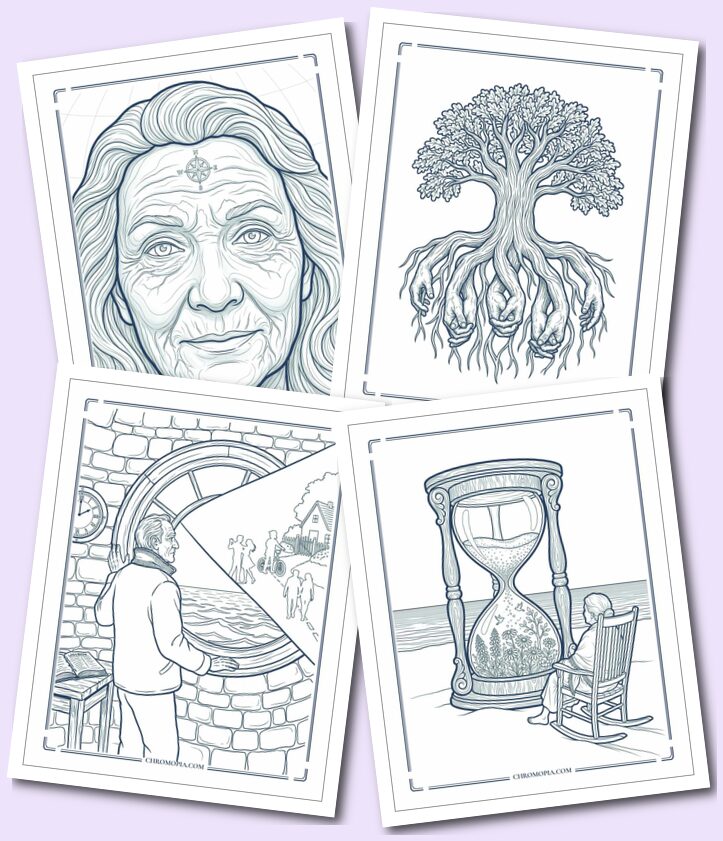 Surrealist Wisdom Portraits for World Senior Citizen Day Coloring Pages
