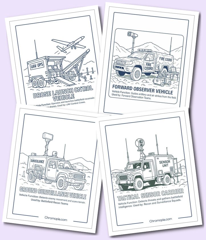 Surveillance, Recon & Drones – Army Vehicles Coloring Pages