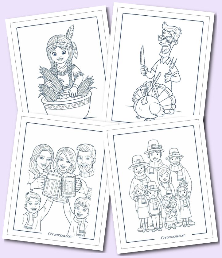Thanksgiving Characters coloring pages (Pilgrims, native americans, family members)