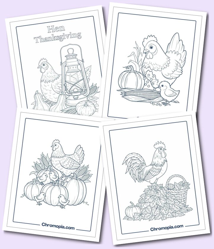 Thanksgiving Hen, Rooster and Chicken Coloring Pages