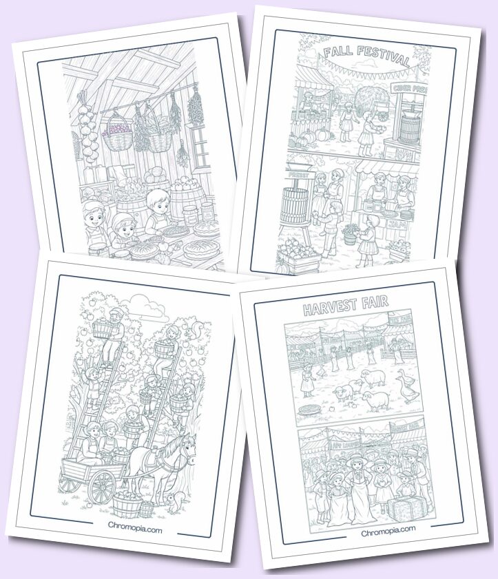 Traditional Family Harvesting coloring pages for kids and adults