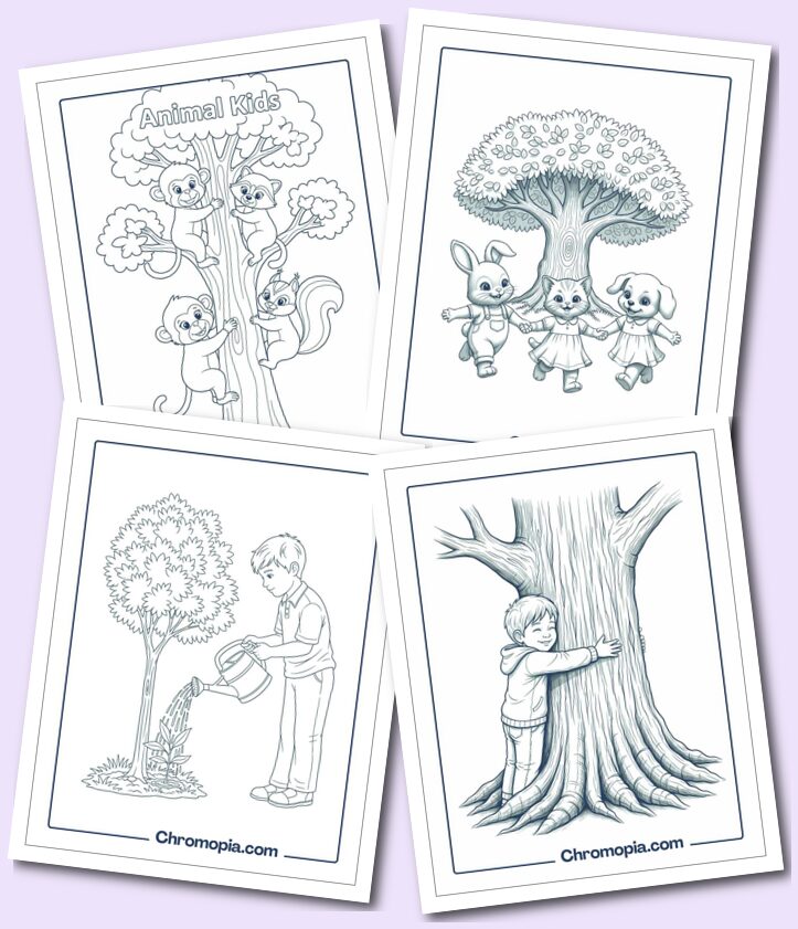 Trees with Kids in Everyday Activities coloring pages