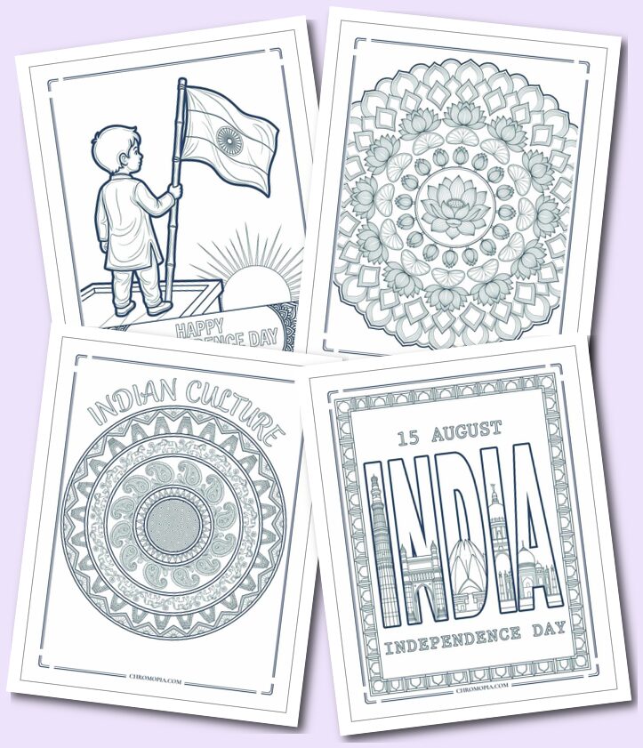 Tricolor Indian Independence Day Word Art and Heritage Pattern Coloring Pages