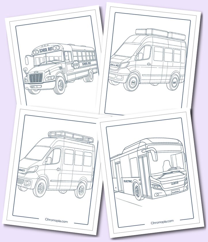 Ultra-realistic buses from real-world brands or models bus coloring pages