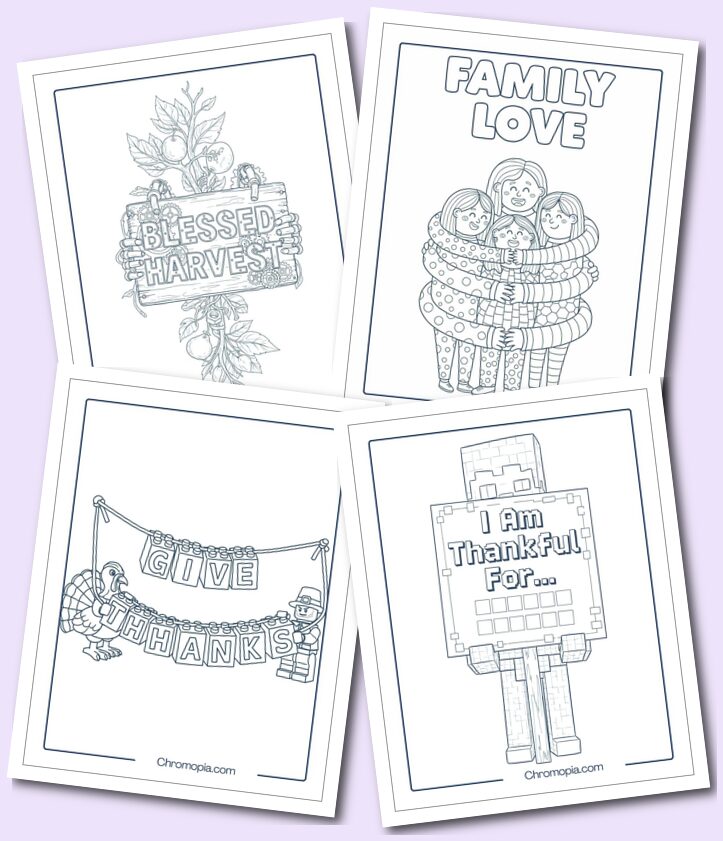 Unique Art Styles Thanksgiving Symbols of Gratitude & Blessings coloring sheets