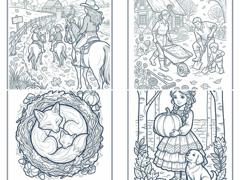 Warm Fall Family and Animals Coloring Pages