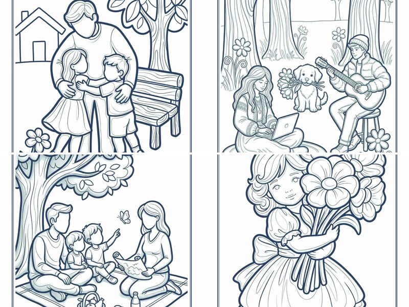 Warm Spring Family and Kids Coloring Pages