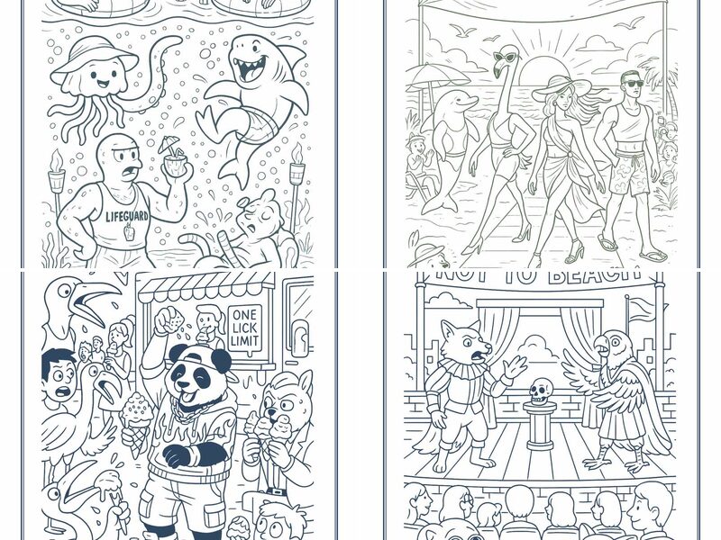 Whimsical Summer Animals and Humans Coloring Pages